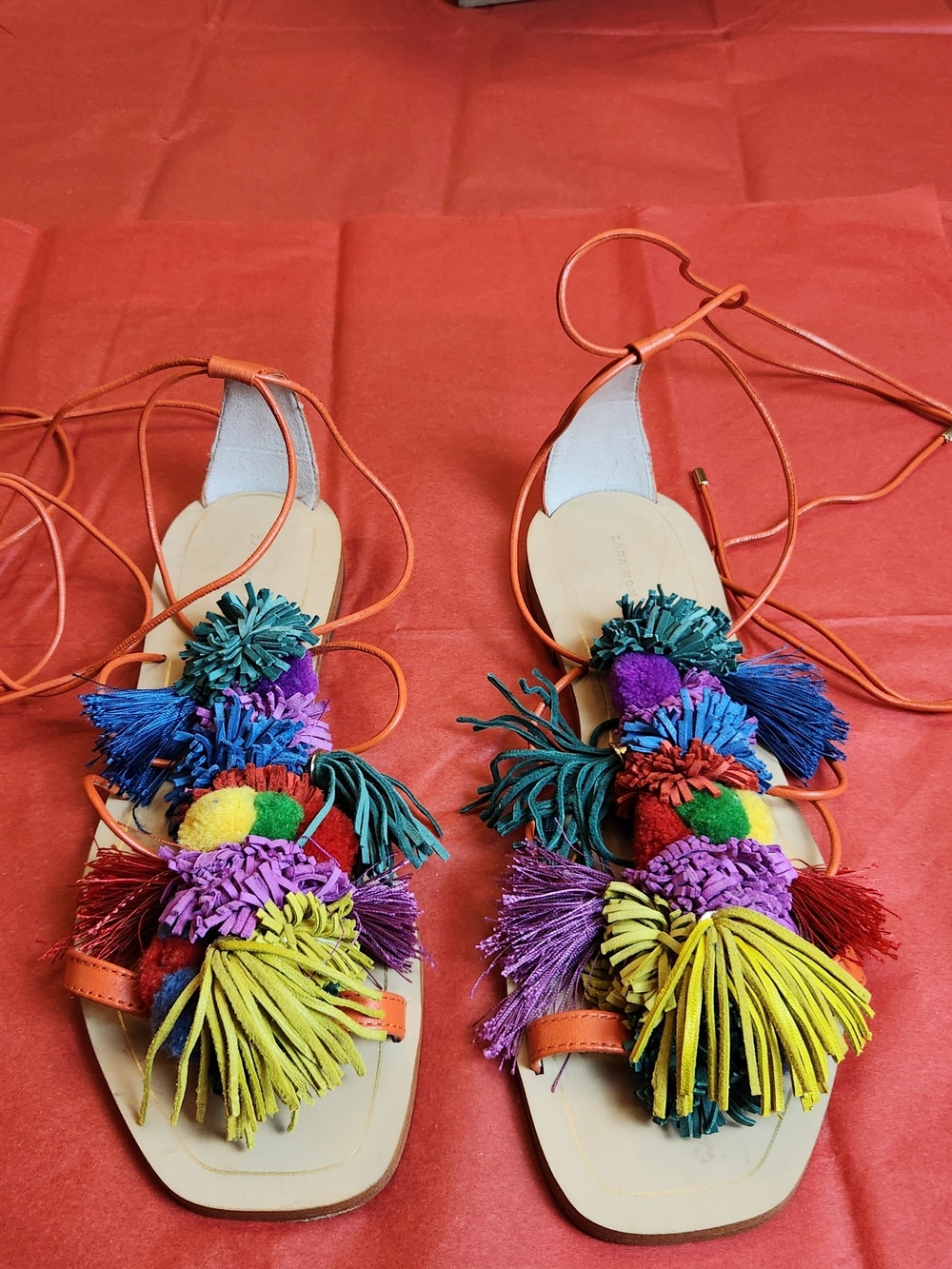 Zara Multicolor Pompom Tassel Lace-Up Women’s Sandals - Picture 2 of 9